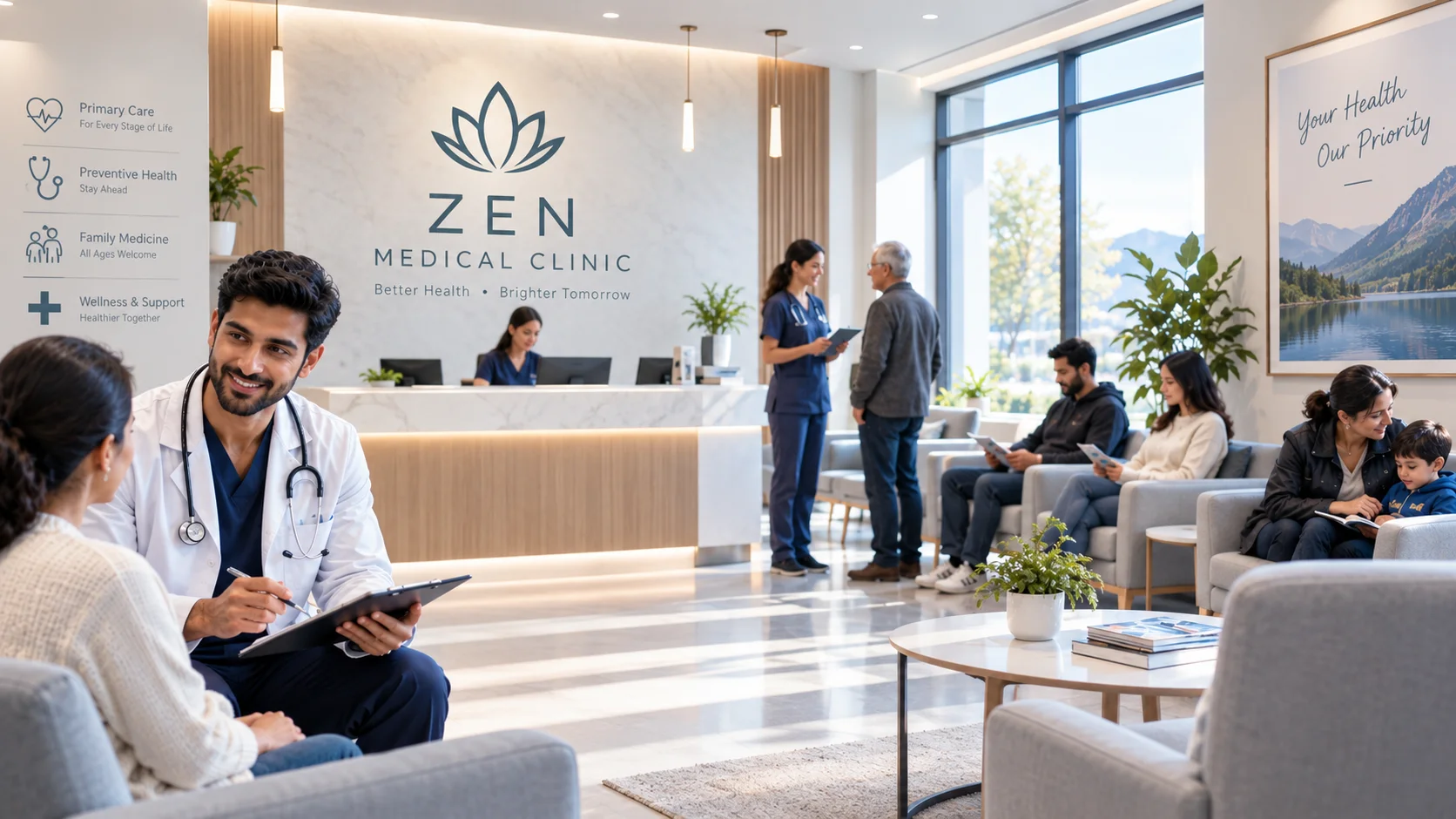 Zen Medical Clinic reception, where a doctor talks with a patient and families wait in a bright lobby