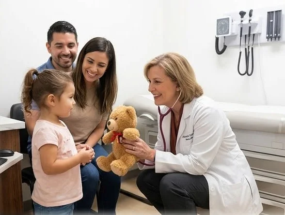 A doctor talking with a family and their child