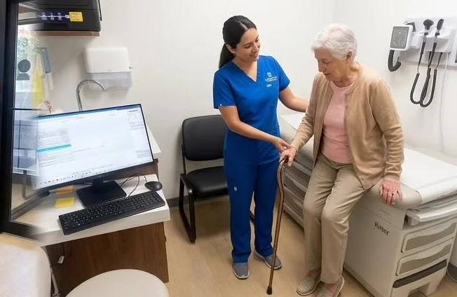 Nurse helping an older patient in the exam room