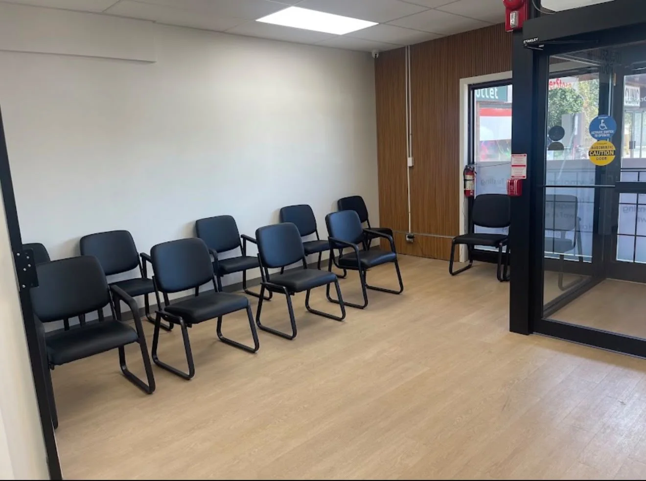 Waiting area with comfortable chairs and natural wood accents